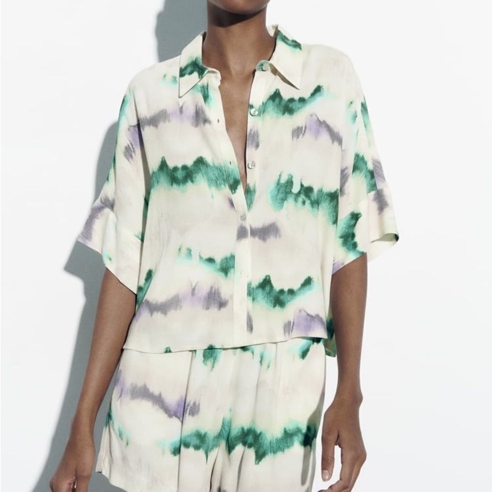 Zara Tie Dye Print Shirt Green Purple Small New With Tags
